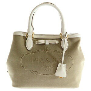 PRADA Logo Jacquard Handbag Shoulder Bag Beige Tan White RED